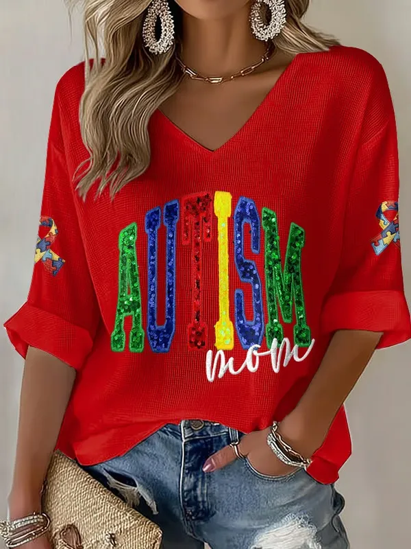 Women's Autism Awareness Print V Neck Top