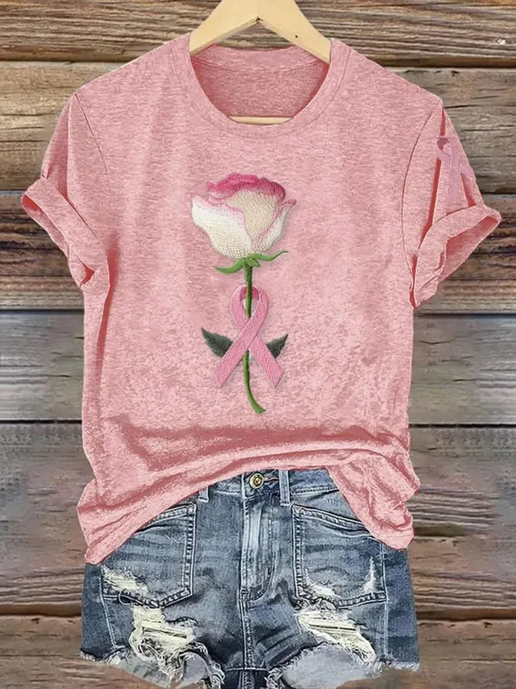 Women's Pink Breast Cancer Floral Print T-Shirt