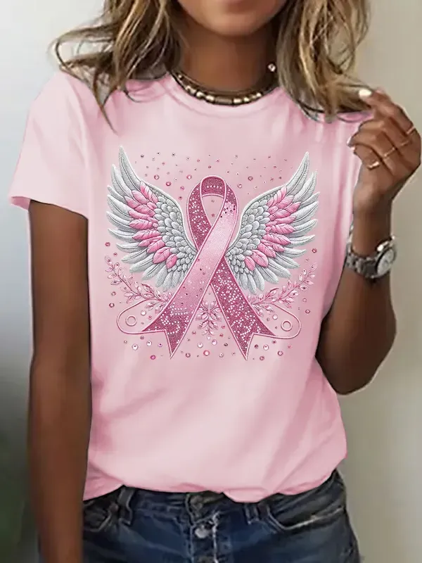 Women's Casual Pink Ribbon Wings T-Shirt