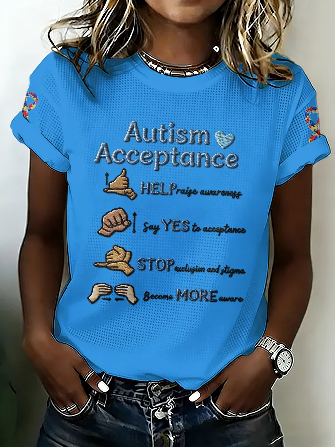 Ladies' Leisure Attention To Autism, Acceptance, Understanding, Love, Public Welfare, Printed Gradient Round Neck T-Shi
