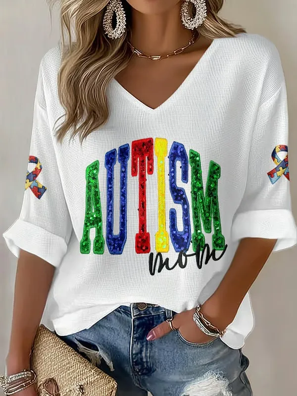 Women's Autism Awareness Print V Neck Top