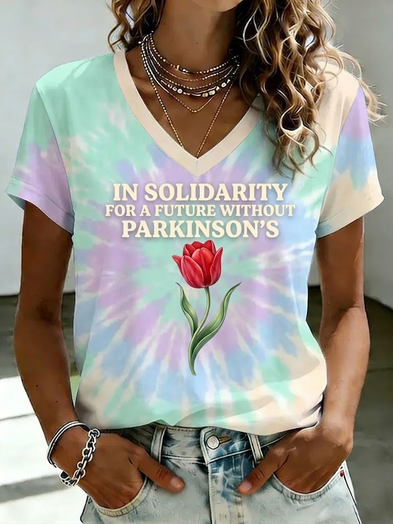 Cotton V-Neck Tie-Dye T-Shirt For Parkinson's Awareness