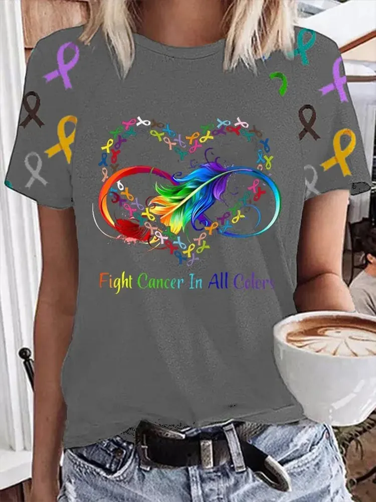 Women's Fight Cancer In All Colors Print Casual Tee Women's Fight Cancer In All Colors Print Casual Tee Women's Fight C