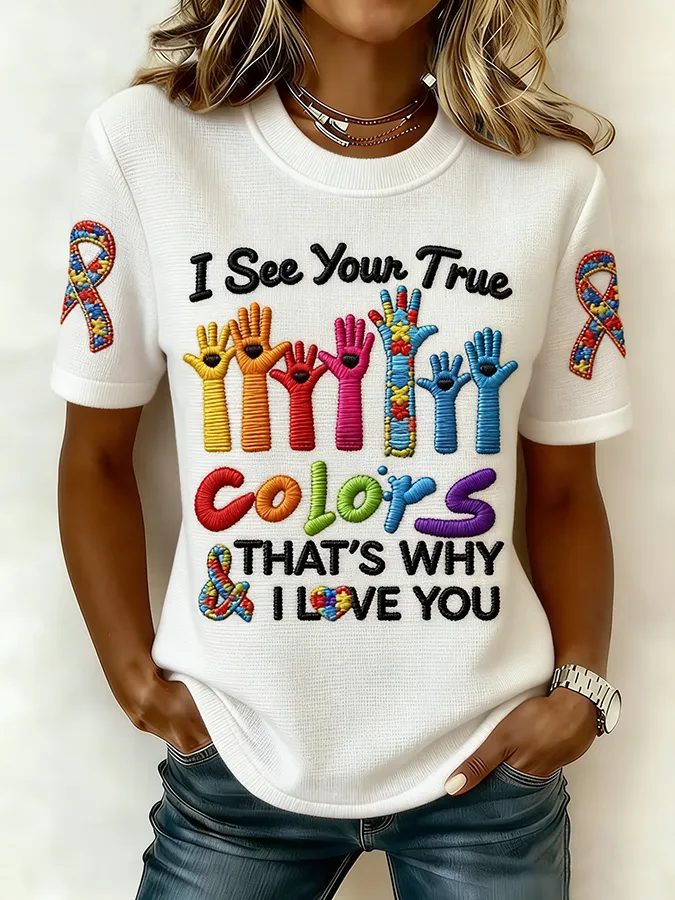 Ladies' Leisure Attention To Autism, Acceptance, Understanding, Love, Public Welfare, Printed Gradient Round Neck T-Shi