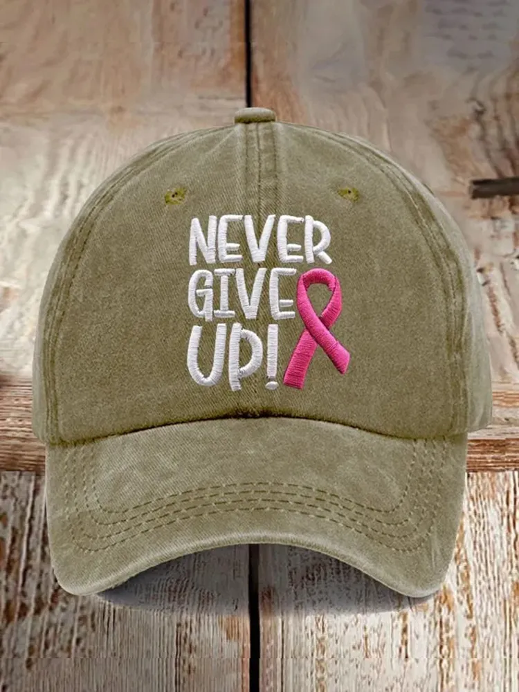 Never Give Up Pink Ribbon Breast Cancer Awareness Print Baseball Cap
