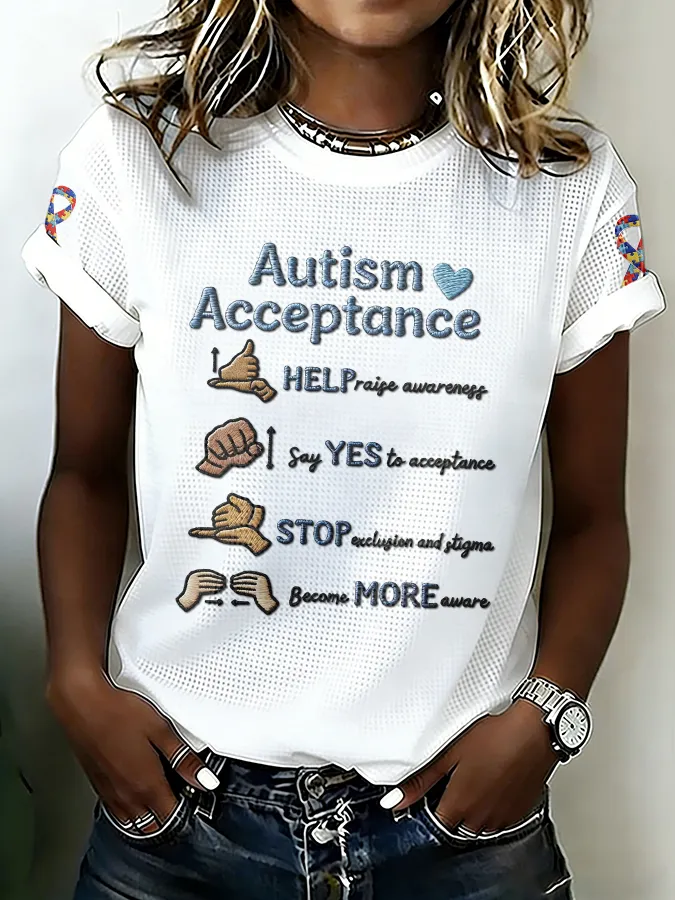 Ladies' Leisure Attention To Autism, Acceptance, Understanding, Love, Public Welfare, Printed Gradient Round Neck T-Shi