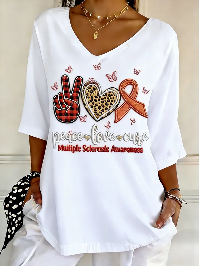 Women's Peace Love Cure Multiple Sclerosis Awareness Embroidered V-Neck T-Shirt Women's Peace Love Cure Multiple Sclero