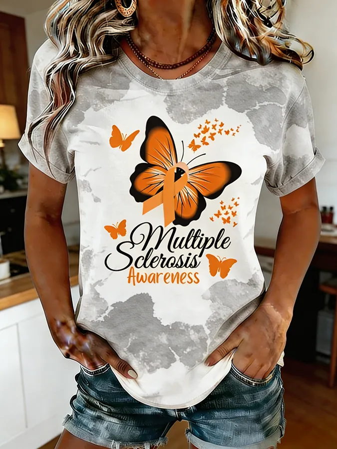 Women's Multiple Sclerosis Awareness Butterfly Ribbon Print Tie-Dye T-Shirt