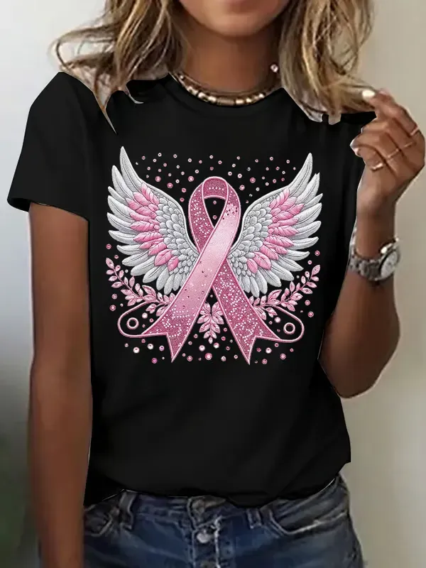 Women's Casual Pink Ribbon Wings T-Shirt
