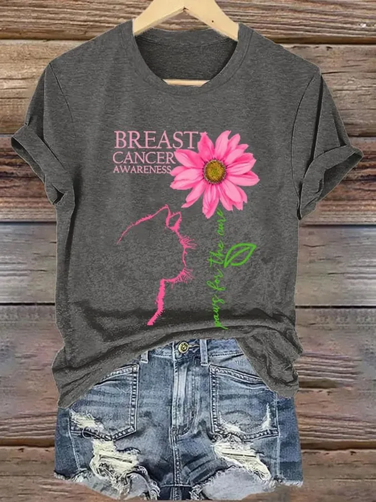 Retro Breast Cancer Awareness Cat Paws For The Cure Print T-Shirt