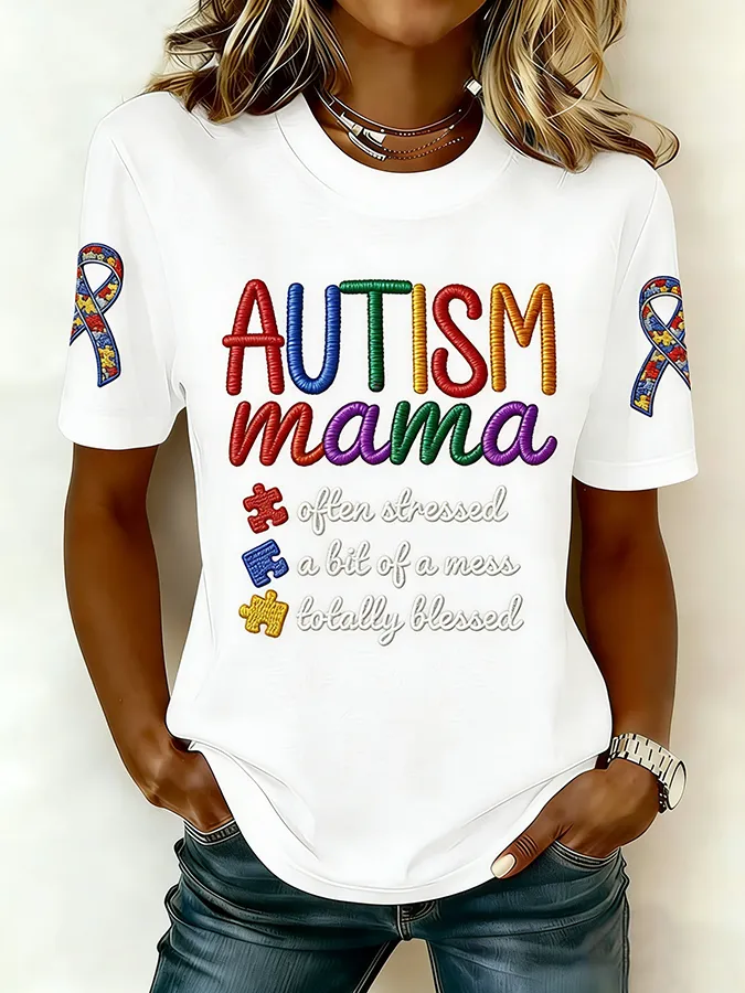 Ladies' Leisure Attention To Autism, Acceptance, Understanding, Love, Public Welfare, Printed Gradient Round Neck T-Shir