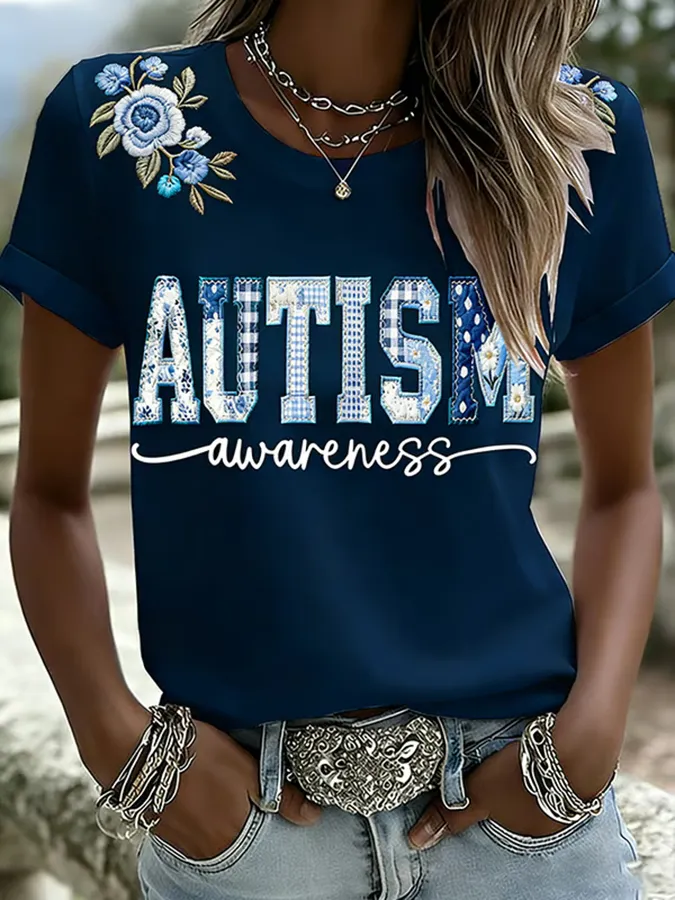 Ladies' Leisure Attention To Autism, Acceptance, Understanding, Love, Public Welfare, Printed Gradient Round Neck T-Shir
