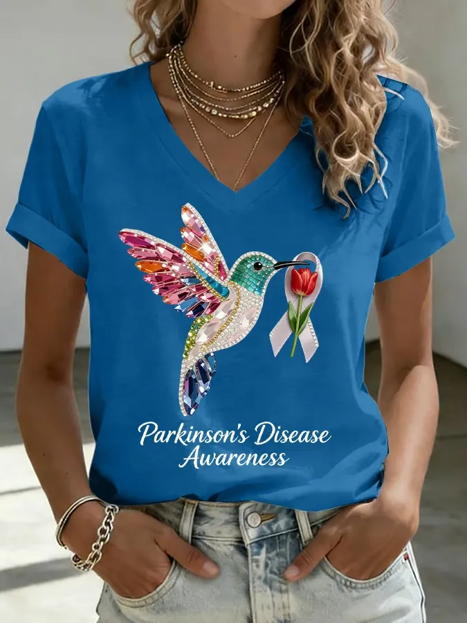 Women's Parkinson's Disease Awareness Print V Neck T-shirt 