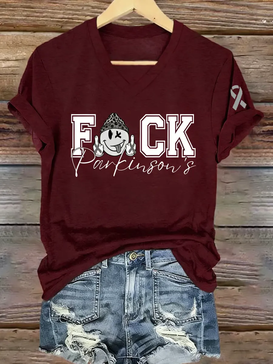 Women's Parkinson's Disease Awareness Print V Neck T-shirt 