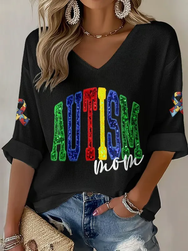 Women's Autism Awareness Print V Neck Top