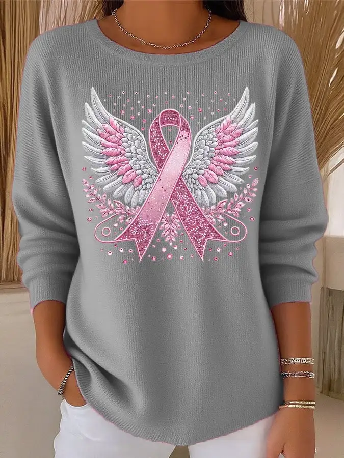 Women's Casual Breast Cancer Pink Ribbon Wings Knit Top