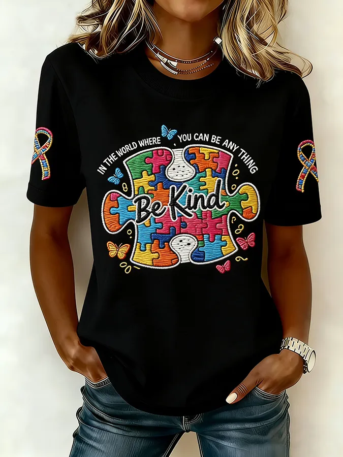 Ladies' Leisure Attention To Autism, Acceptance, Understanding, Love, Public Welfare, Printed Gradient Round Neck T-Shir