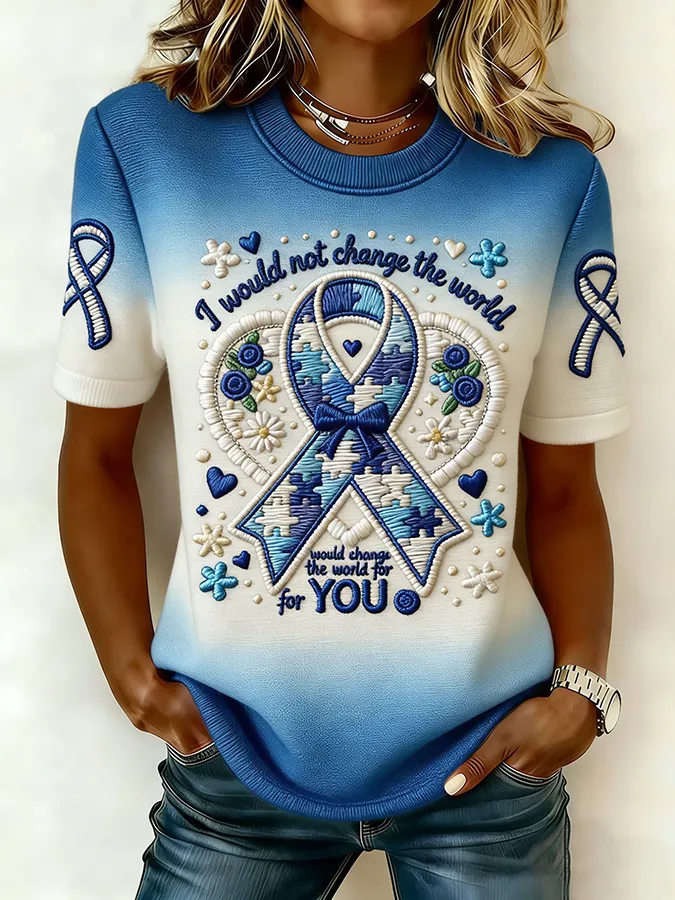 Ladies' Leisure Attention To Autism, Acceptance, Understanding, Love, Public Welfare, Printed Gradient Round Neck T-Shir