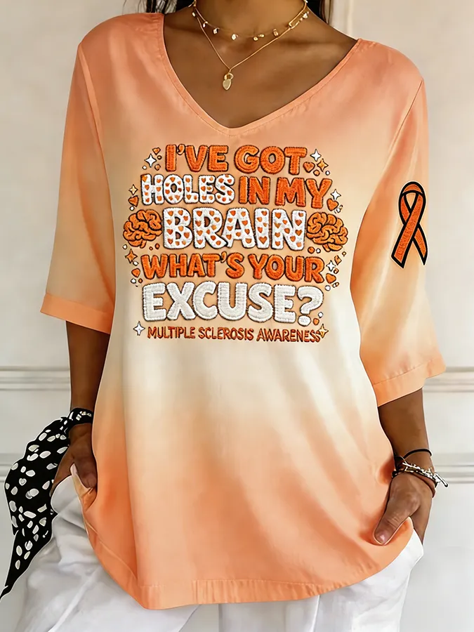 Women's Ombre V-Neck Elbow Sleeve Holes In My Brain MS Awareness T-Shirt Women's Ombre V-Neck Elbow Sleeve Holes In My