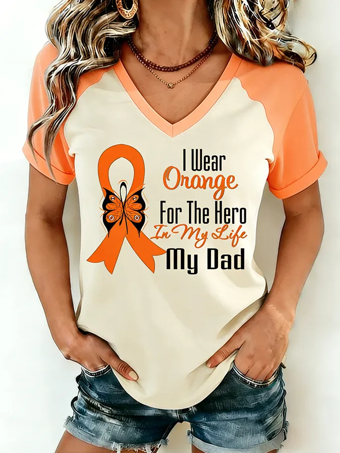 Women'S I Wear Orange For My Dad MS Awareness Butterfly Ribbon Raglan V-Neck T-Shirt