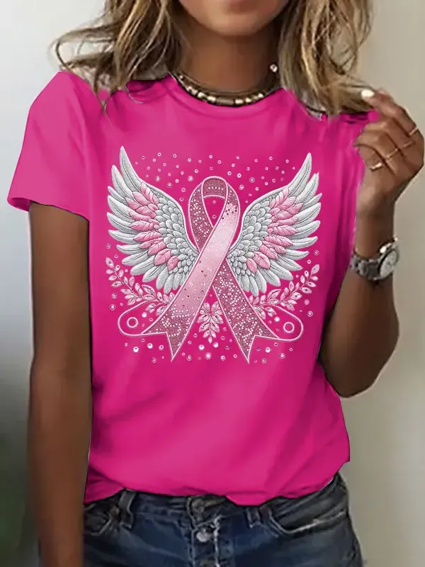 Women's Casual Pink Ribbon Wings T-Shirt