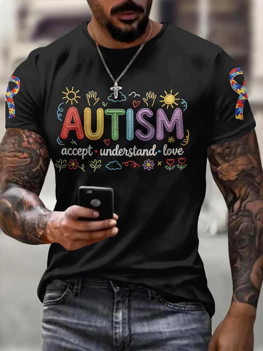 Men'S Leisure Attention Autism Reception Understanding Love Public Welfare Printed Round Neck T-Shirt