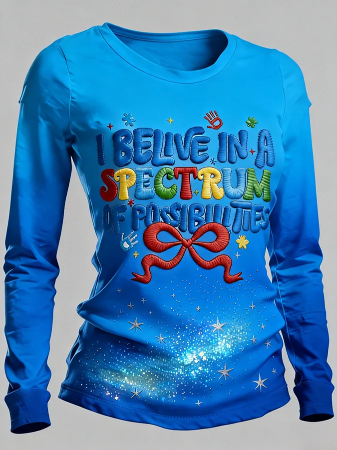Women's I Believe In A Spectrum Of Possibilities Bow Star Embroidered Long Sleeve T-Shirt Women's I Believe In A Spectr