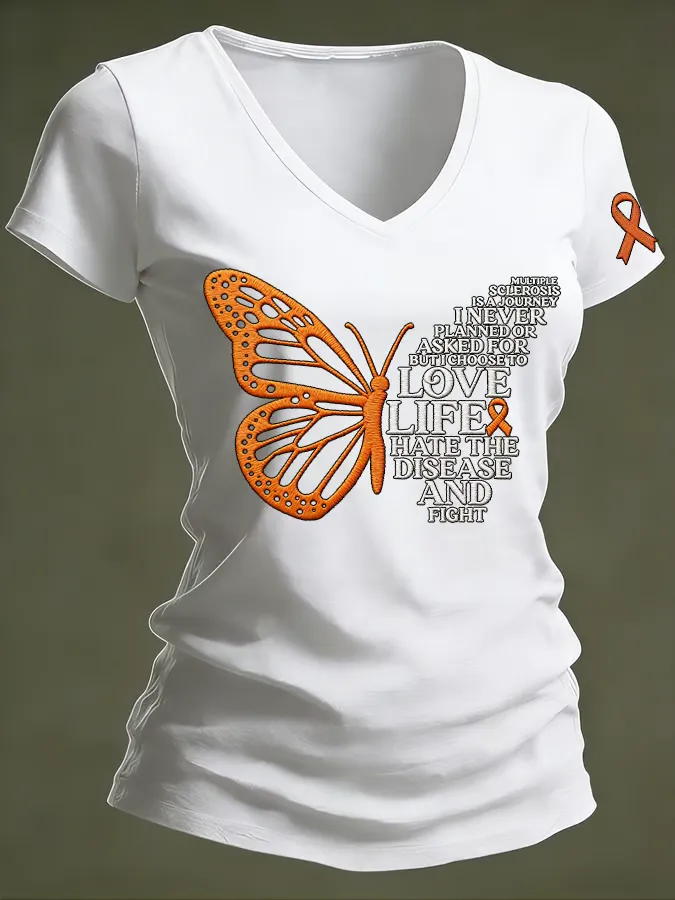 Women's MS Warrior Butterfly Multiple Sclerosis Awareness Print V Neck T-shirt Women's MS Warrior Butterfly Multiple Sc