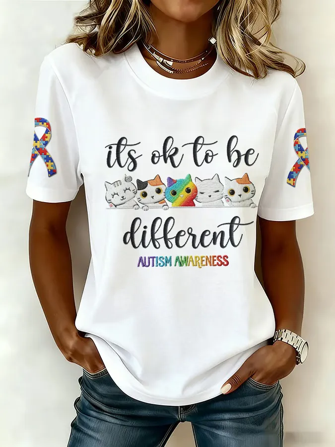 Ladies' Leisure Attention To Autism, Acceptance, Understanding, Love, Public Welfare Printed Round Neck T-Shirt