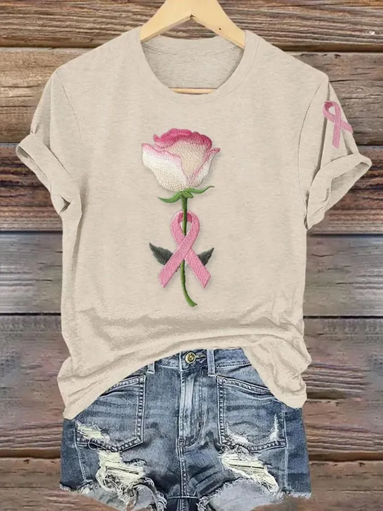 Women's Pink Breast Cancer Floral Print T-Shirt