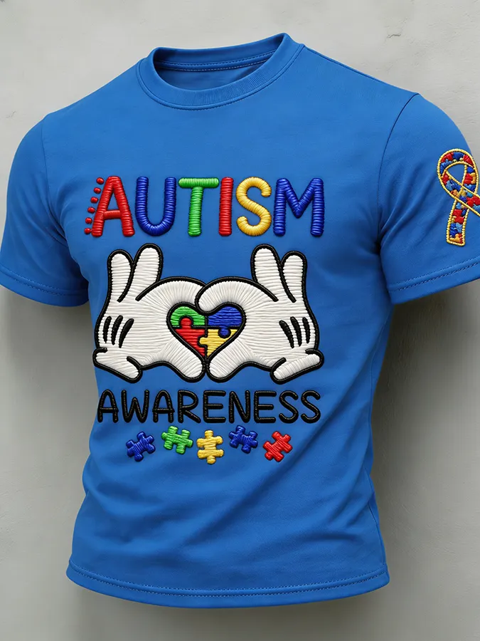 Men'S Leisure Attention Autism Reception Understanding Love Public Welfare Printed Round Neck T-Shirt