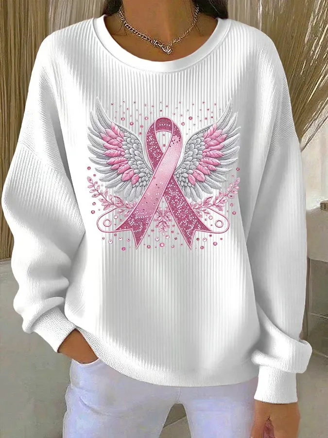 Women's Casual Pink Ribbon Wings Textured Sweatshirt