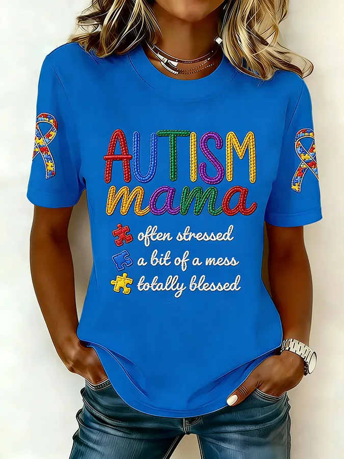 Ladies' Leisure Attention To Autism, Acceptance, Understanding, Love, Public Welfare, Printed Gradient Round Neck T-Shir