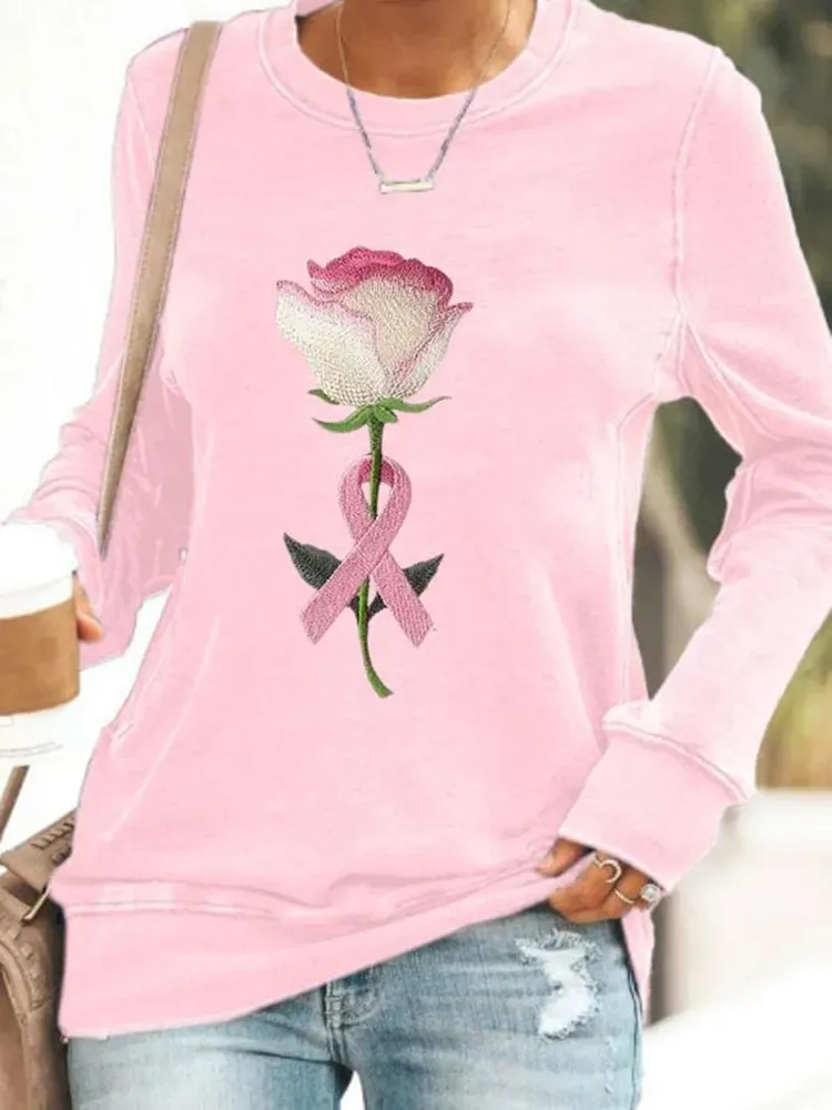 Women's Rose With Pink Ribbon Embroidered Printed Sweatshirt