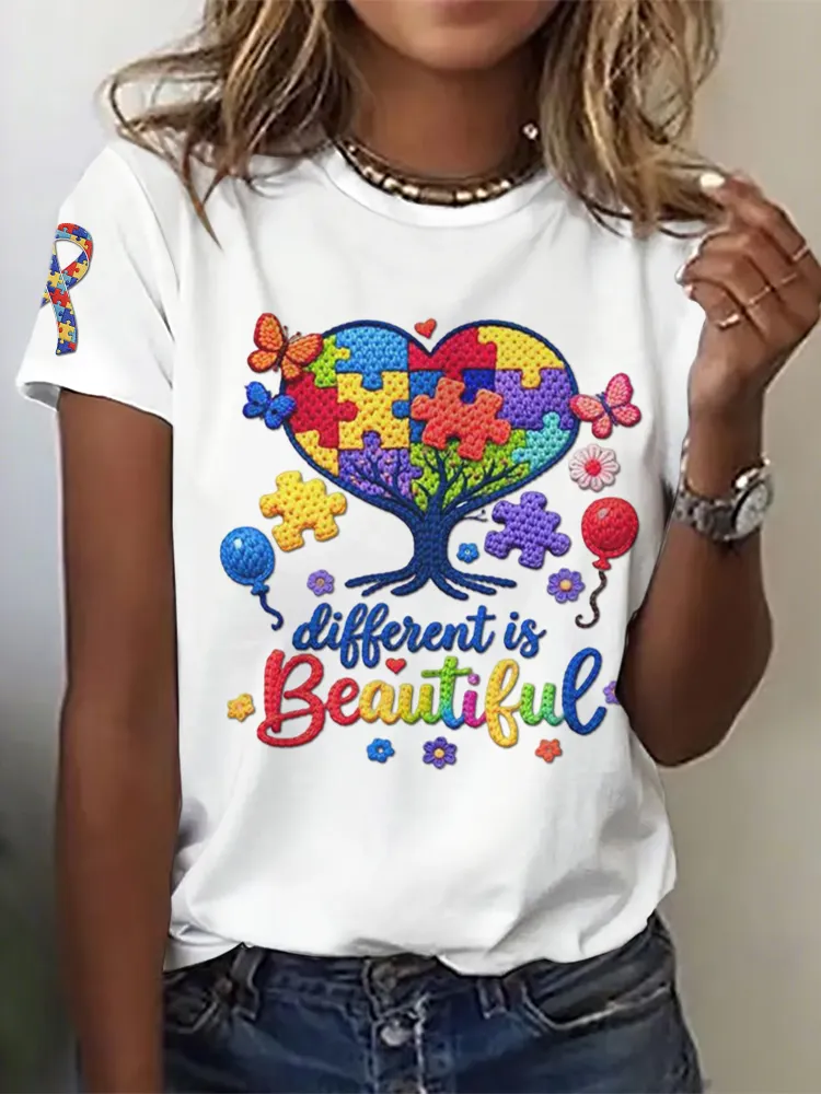 Ladies' Leisure Attention To Autism, Acceptance, Understanding, Love, Public Welfare Printed Round Neck T-Shirt