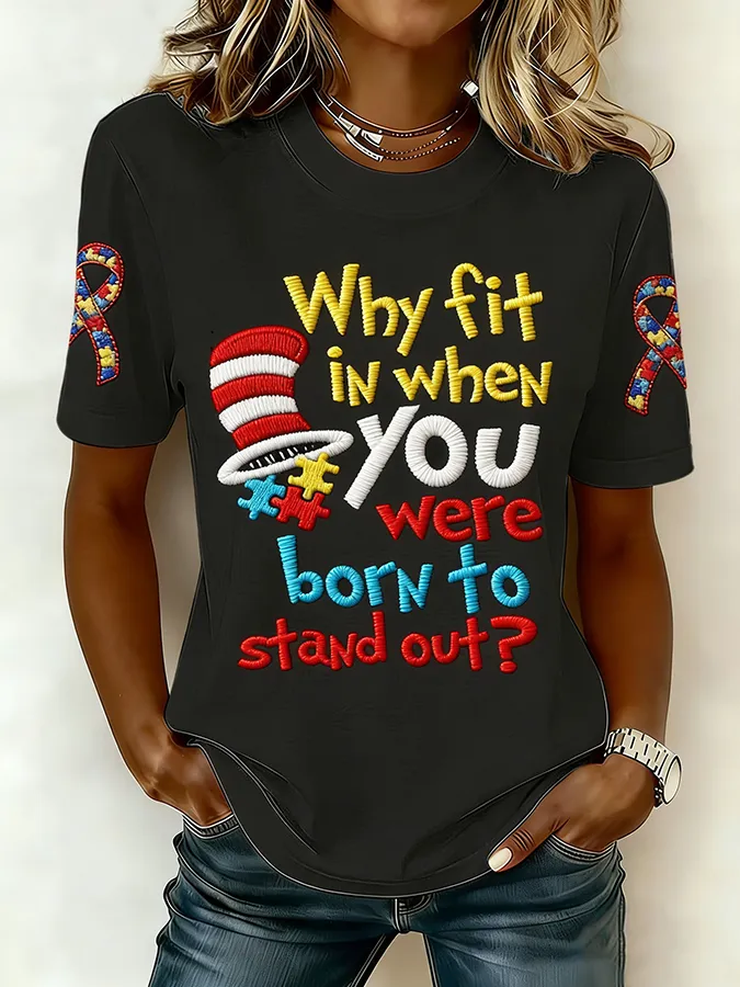 Ladies' Leisure Attention To Autism, Acceptance, Understanding, Love, Public Welfare, Printed Gradient Round Neck T-Shir