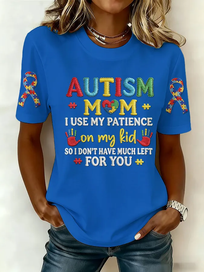 Ladies' Leisure Attention To Autism, Acceptance, Understanding, Love, Public Welfare Printed Round Neck T-Shirt