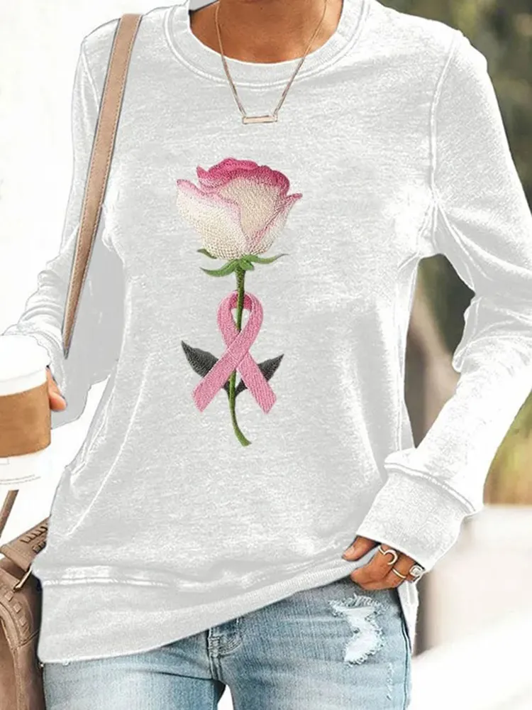 Women's Rose With Pink Ribbon Embroidered Printed Sweatshirt
