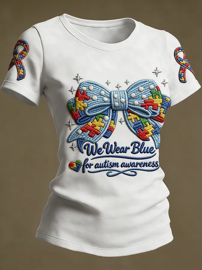 Ladies' Leisure Attention To Autism, Acceptance, Understanding, Love, Public Welfare, Printed Gradient Round Neck T-Shir
