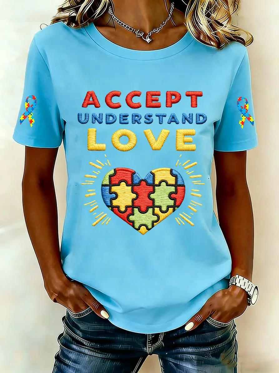 Cotton Accept Understand Love Autism Awareness T-Shirt with Puzzle Heart Design