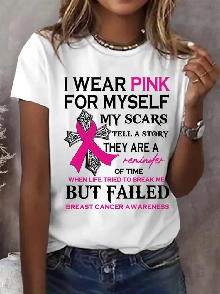 Women'S I Wear Pink For Myself My Scars Tell A Story Round Neck T-Shirt