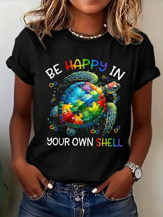 Women's Autism Awareness Be Happy In Your Own Shell Printed Casual T-shirt