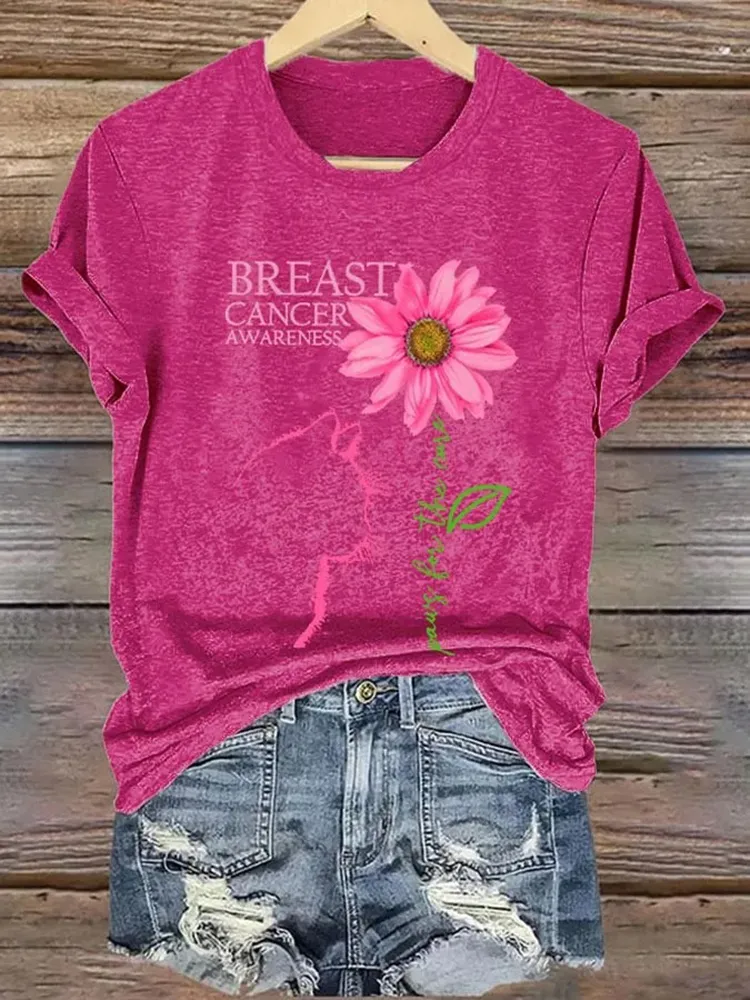 Retro Breast Cancer Awareness Cat Paws For The Cure Print T-Shirt