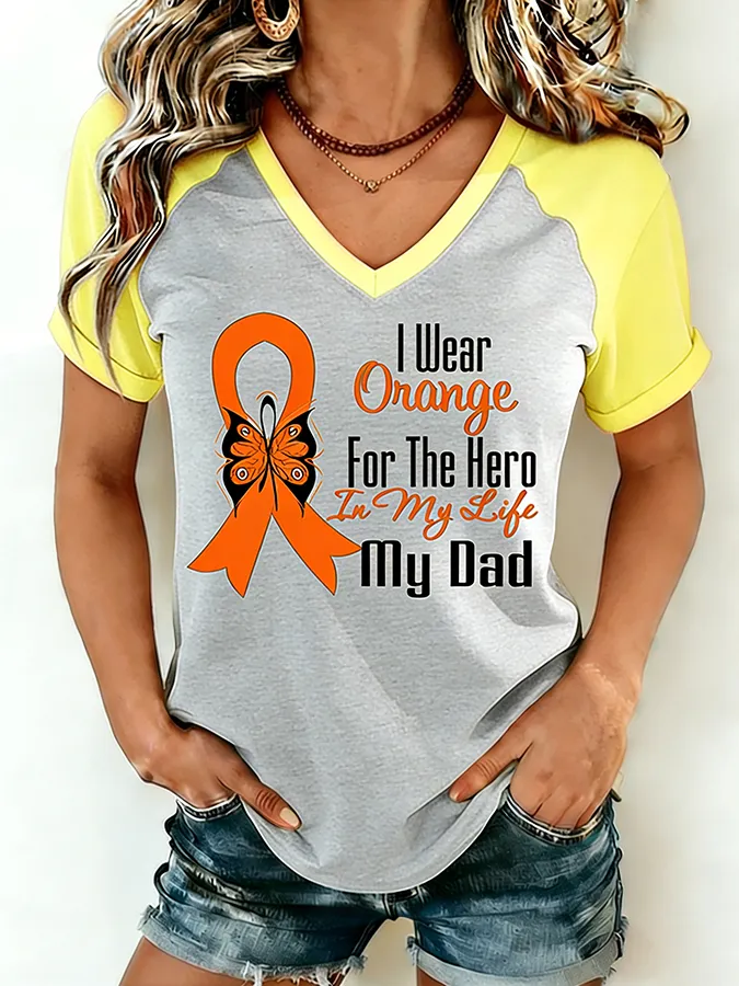 Women'S I Wear Orange For My Dad MS Awareness Butterfly Ribbon Raglan V-Neck T-Shirt