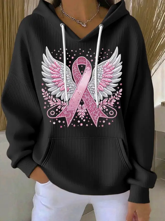 Women's Casual Pink Contrast Ribbon Wings Ribbon Cotton Hoodie