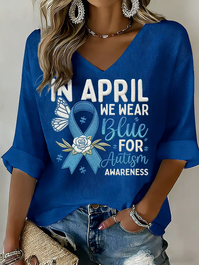Women's "In April We Wear Blue" Autism Awareness V-Neck Casual T-Shirt