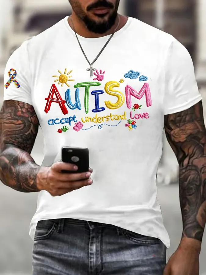 Men's Autism Accept Understand Love Autism Awareness Print T-shirt