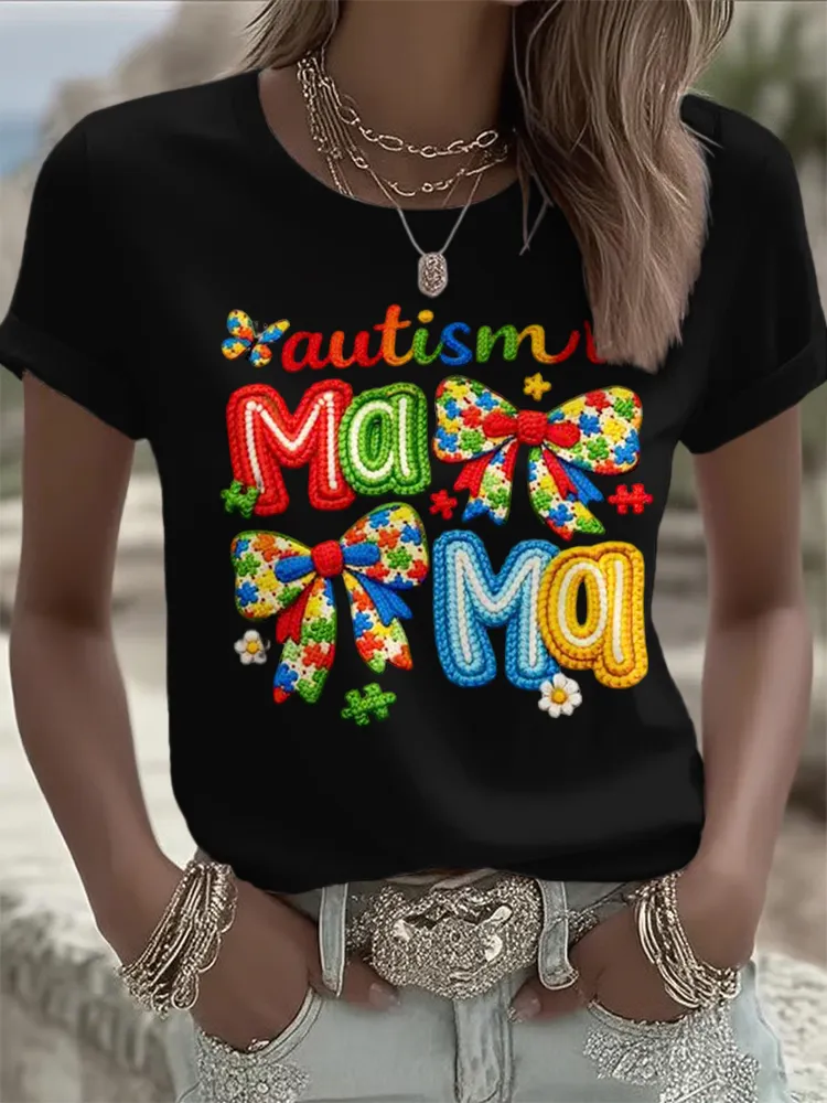 Ladies' Leisure Attention To Autism, Acceptance, Understanding, Love, Public Welfare Printed Round Neck T-Shirt Ladies'