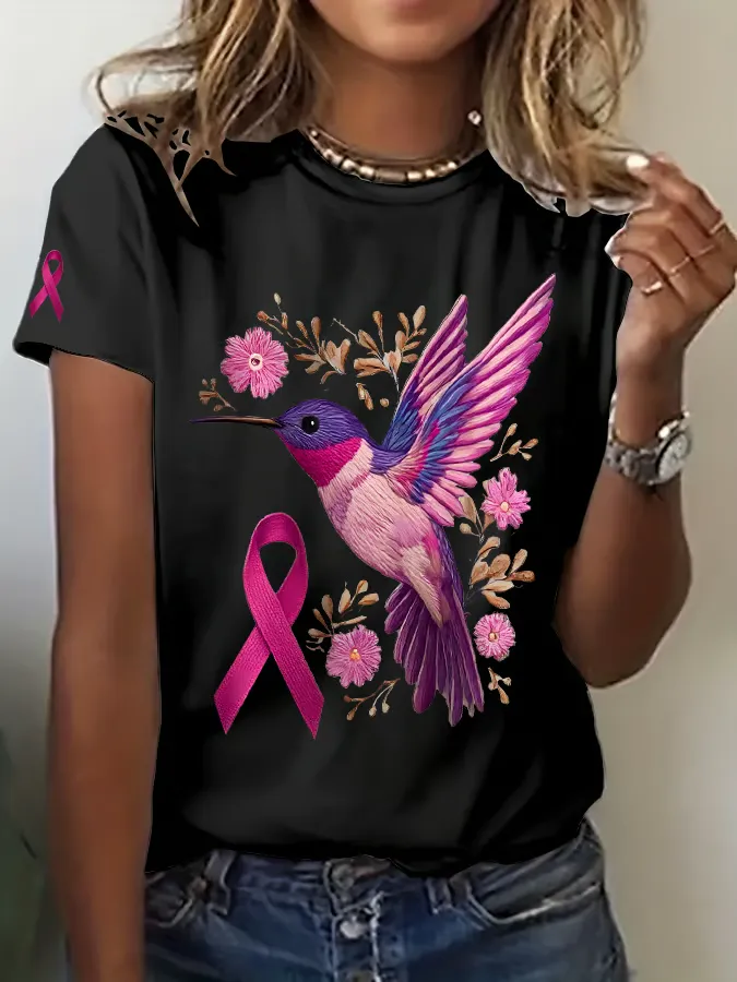 Women'S Breast Cancer Hummingbird Print Crew Neck T-Shirt