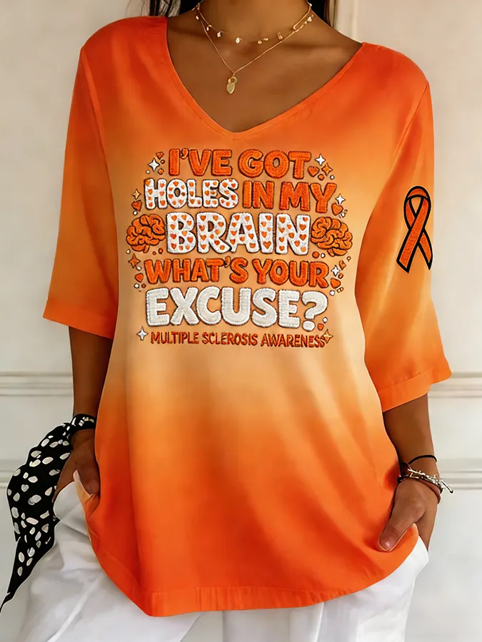 Women's Ombre V-Neck Elbow Sleeve Holes In My Brain MS Awareness T-Shirt Women's Ombre V-Neck Elbow Sleeve Holes In My
